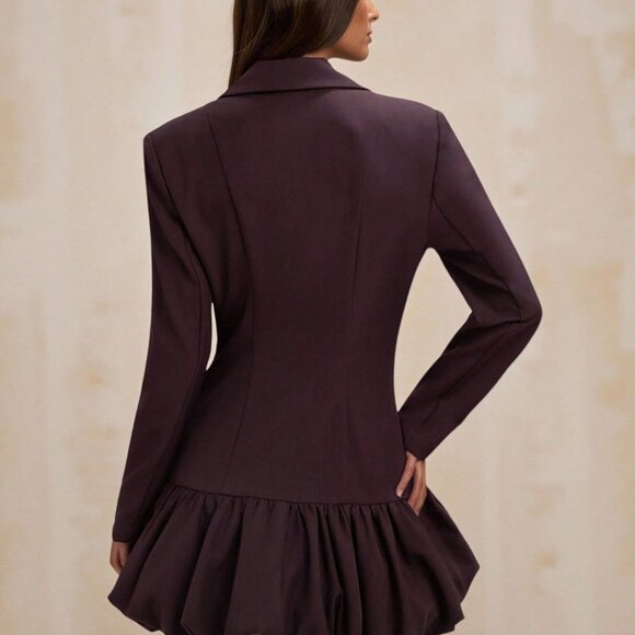 Coffee Brown Elegant Women's Long Sleeve Bubble Skirt Suit Dress - Picture 2 of 8